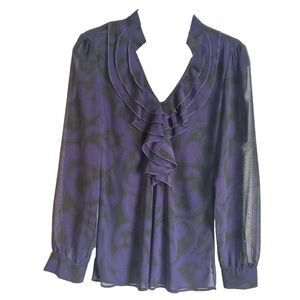 New York & Company Women's Sheer Purple Ruffle Collar Blouse, Size 6